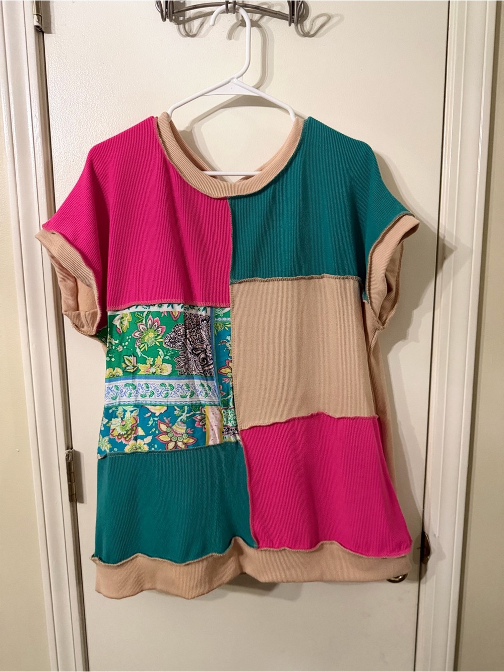 Patchwork Short Sleeve Tee in Pink, Teal & Tan